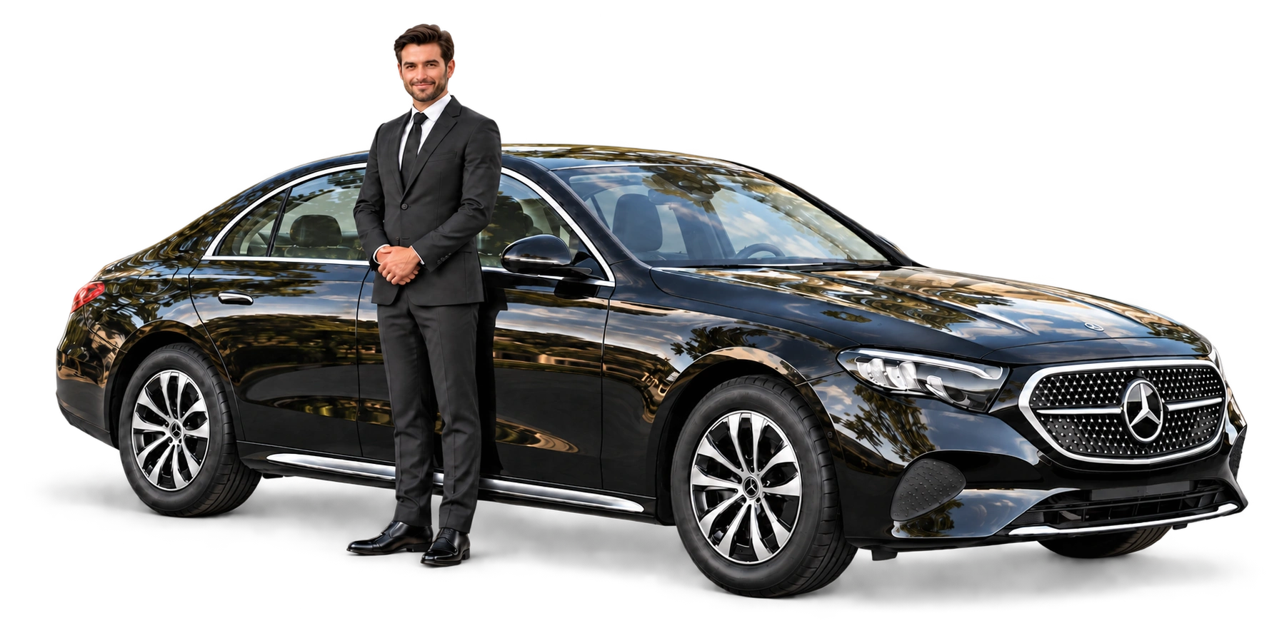 Szofer oczekujący obok czarnego Mercedesa Klasy E W214